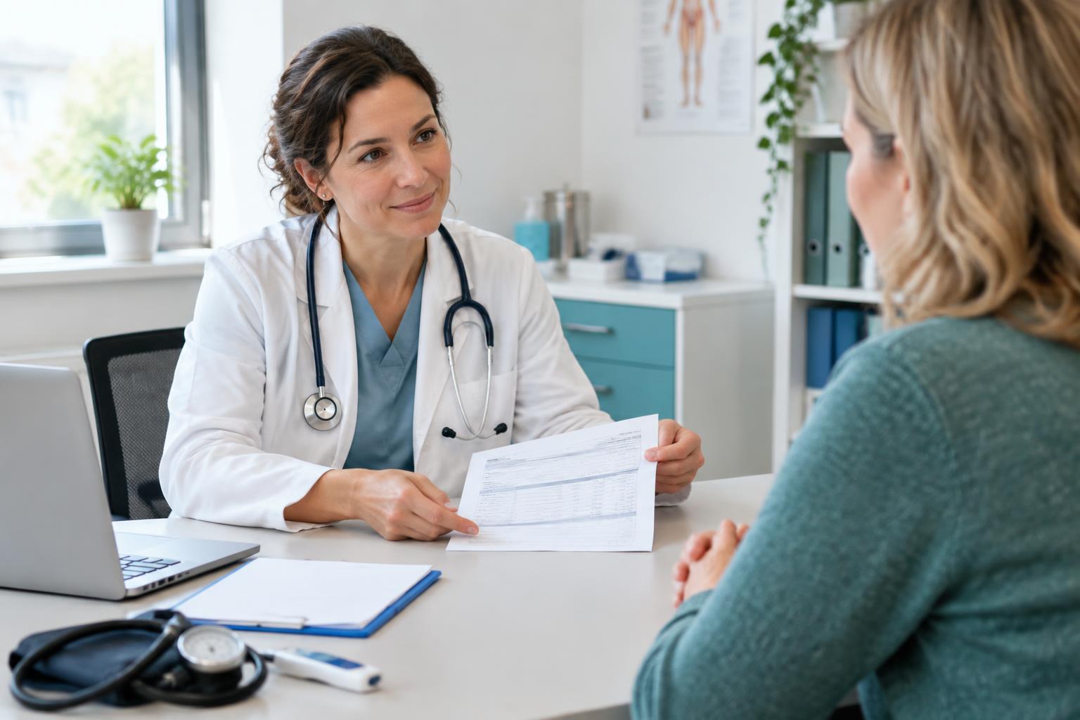 Médica conversa com paciente sobre um documento de atendimento em consultório.