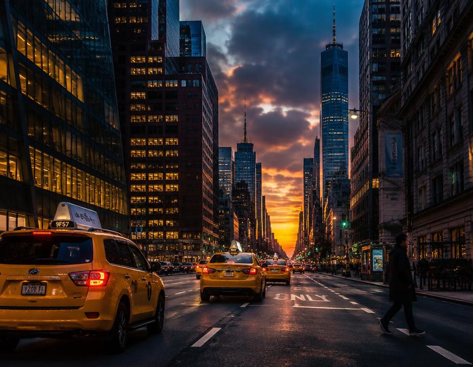 Táxis amarelos e arranha-céus em Nova York ao entardecer