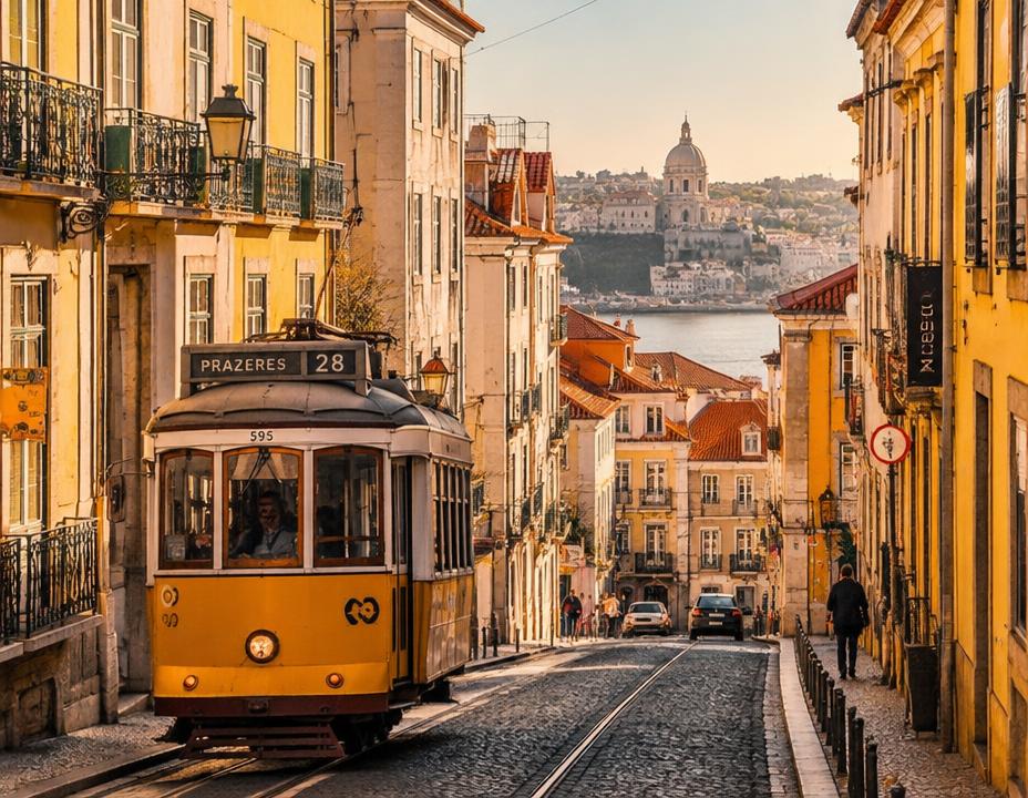 Bonde amarelo em rua histórica de Lisboa, Portugal