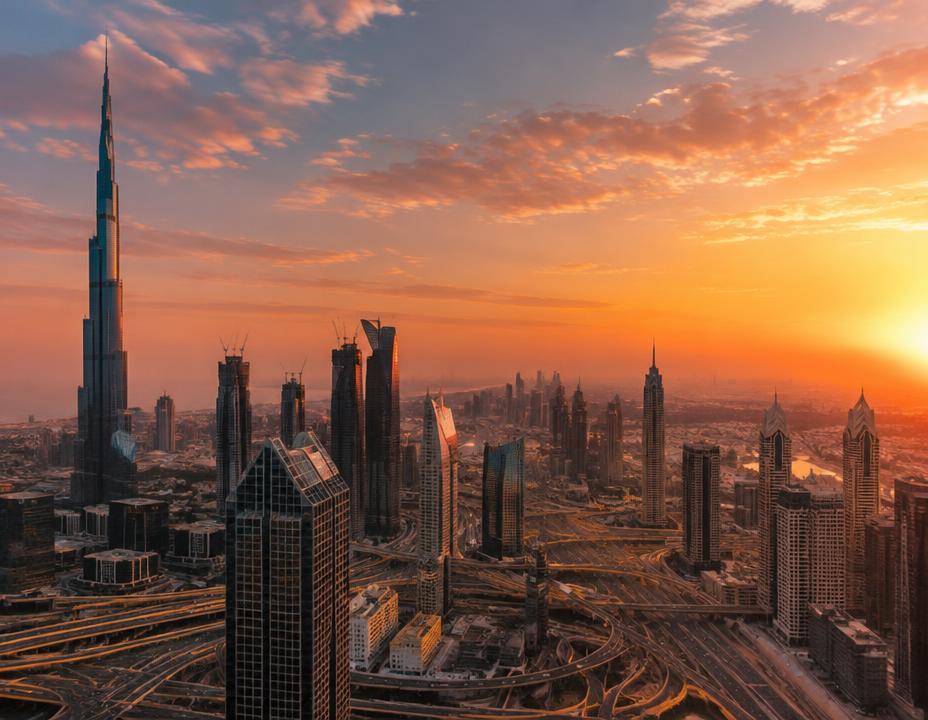 Skyline de Dubai ao pôr do sol