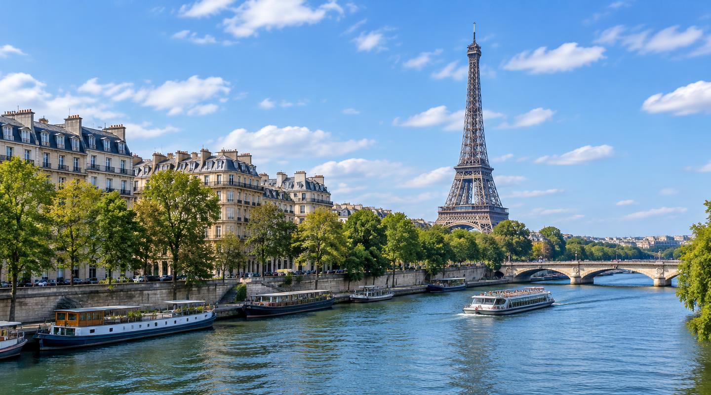 Ilustração de Paris: Torre Eiffel e edifícios às margens do Sena