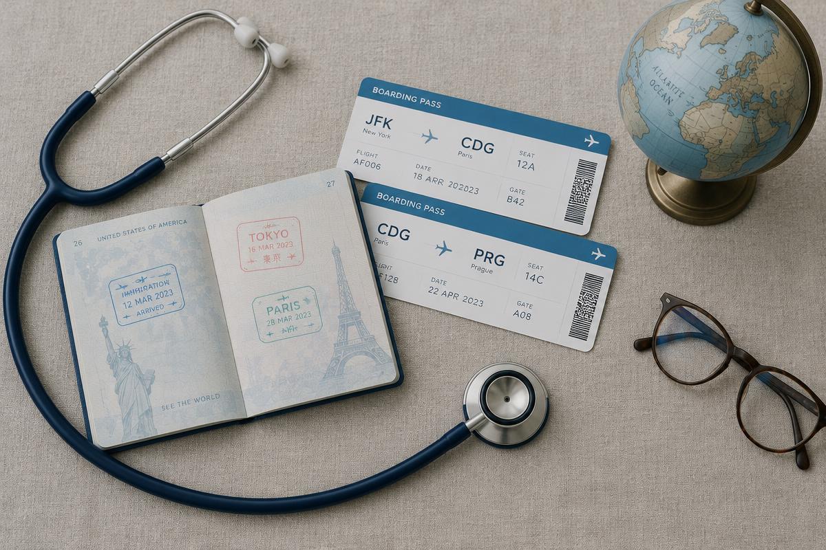 Passaporte, globo e estetoscópio sobre uma mesa